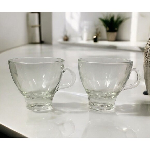 Vintage Glass Tea Cup Espresso Coffee Mug Clear Set Of 2 With Handles 4 oz Each - Picture 1 of 10
